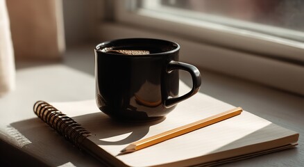 Black Coffee Mug on Empty Notepad with Pencil on Window Sill, Sunlight Streaming in, Cozy Morning Workspace