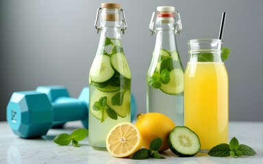 Lemon, cucumber and mint water in glass bottles. Sassy water for detox or dieting with fitness dumbbells in the background. Healthy eating, weight loss,  lifestyle concept. High quality