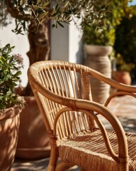 Obraz premium Rattan Chair on Patio with Olive Tree