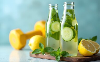 Lemon, cucumber and mint water in glass bottles. Sassy water for detox or dieting with fitness dumbbells in the background. Healthy eating, weight loss,  lifestyle concept. High quality