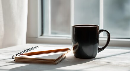 Black Coffee Mug on Empty Notepad with Pencil by Sunlit Window, Clean White Background, Minimal Workspace Concept