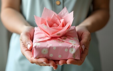 Furoshiki tissue wrapping of presents. Female hand holding a gift in eco friendly reusable fabric package. Small business, ethical shopping idea. Presents packed in plastic free. Zero waste lifestyle
