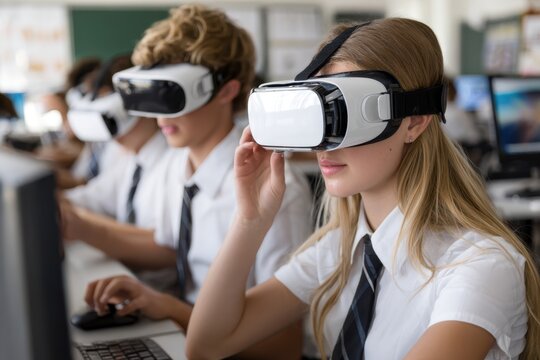 Students engaged in virtual reality learning in a modern classroom setting