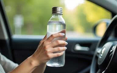 Hand woman holding reusable water bottle in car,Environmental friendly,Healthy green,Zero waste,Conscious lifestyle concept. High quality