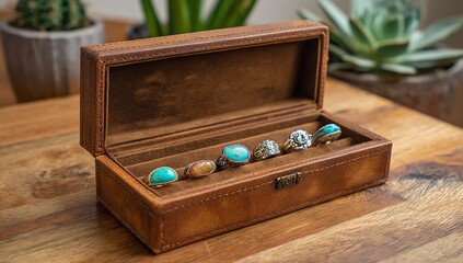 Open Brown Leather Jewelry Box with Turquoise and Silver Rings on Gemstone Inlay, Sitting on Wooden Table with Plants in Background