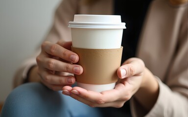 Female hands hold reusable coffee mug.Sustainable lifestyle concept. High quality