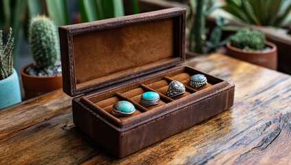 Open Brown Leather Jewelry Box with Turquoise and Silver Rings on Gemstone Inlay, Sitting on Wooden Table with Plants in Background