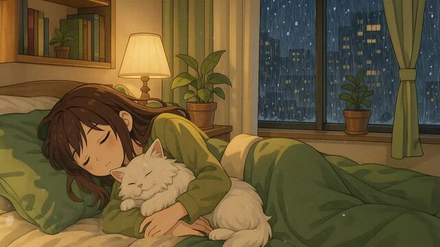 Cozy night at home with a girl and her cat during a rainy evening. Loop animation