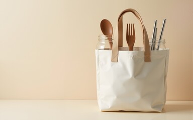 Reusable canvas shopper bag with eco friendly bamboo cutlery, metal drinking straws, glass jar and bottle. Zero waste, plastic free concept. Sustainable lifestyle. High quality