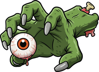 Creepy zombie monster green hand holding eyeball, Halloween horror cartoon illustration, scary undead creature clipart for spooky decorations