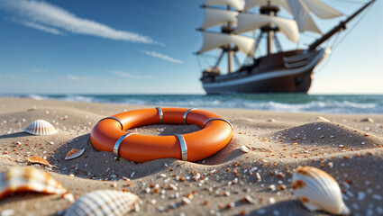 Obraz premium Life Ring on Beach with Sailing Ship in Background