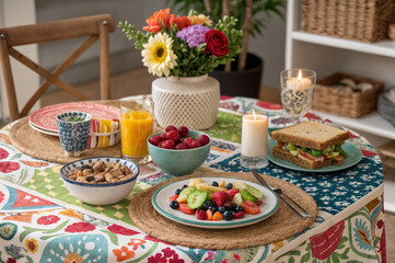 shows a colorful breakfast table setting with a variety of food items such as fruit, cereal, a sandwich, and drinks like juice. There are also decorative elements like candles, a flower arrangement, a
