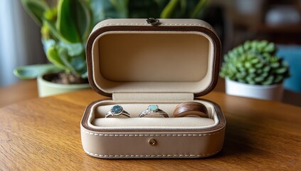 Brown and Cream Leather Jewelry Box with Silver, Blue-Green Gemstone, and Wooden Wedding Bands on Light Wood Table with Plants