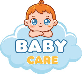 Cute baby care logo design, cartoon child with cloud background, ideal for daycare, kids clinic, baby shop, or products