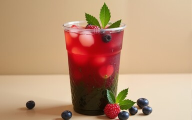 A fruity berry-infused iced tea served in an edible seaweed-based cup, providing a completely biodegradable and environmentally friendly way to enjoy your drink while minimizing plastic waste