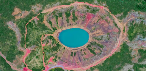View of a lake in an extinct volcano from above