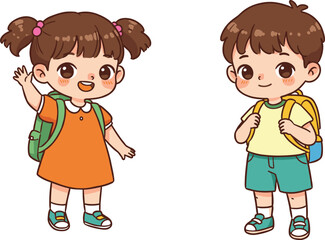 Cute cartoon boy and girl with backpacks ready for school, back to school kids illustration for education and learning