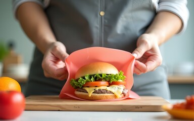 A women prepares lunch and puts a sandwich into a food-grade silicone bag as part of a zero-waste lifestyle to replace plastic bags. High quality