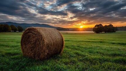 Golden sunrise illuminates a dewy field with a solitary hay bale and distant misty mountains