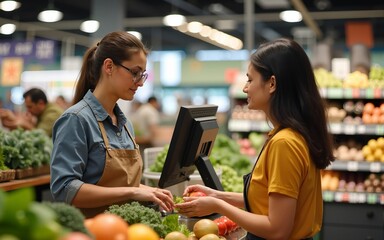 Daily life, a Cashier and a client buying groceries at the supermarket register counter, zero waste shopper, organic food, farmers market. High quality