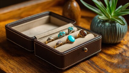 Brown and Cream Leather Jewelry Box with Silver, Blue-Green Gemstone, and Wooden Wedding Bands on Light Wood Table with Plants