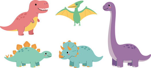 Cute cartoon dinosaurs set for kids, colorful prehistoric animals collection with T-Rex, Triceratops, Stegosaurus, Pterodactyl, Brachiosaurus illustrations