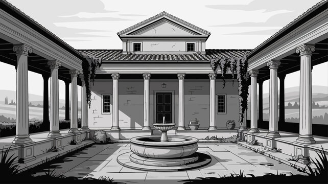 Ancient roman villa courtyard with peristyle and central fountain in black and white