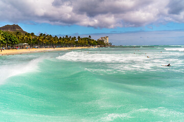 View of Waikiki Beach with people relaxing, Honolulu, Hawaii