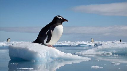 Obraz premium A lone Snowy Sheathbill stands alert on a drifting ice floe under a pale blue sky