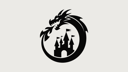 Black dragon breathing fire around a castle with flags silhouette