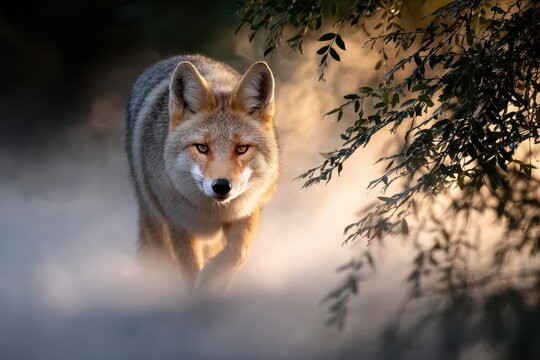 Coyote walks through misty forest at dawn with soft light illuminating its fur