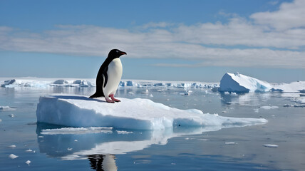A lone Snowy Sheathbill stands alert on a drifting ice floe under a pale blue sky