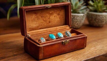 Open Brown Leather Jewelry Box with Turquoise and Silver Rings on Gemstone Inlay, Sitting on Wooden Table with Plants in Background