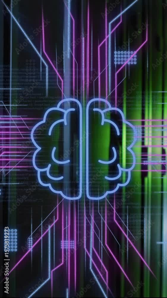 Poster animation of brain, digital data processing and circuit board over computer servers