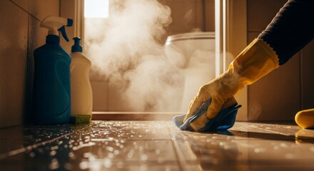 Bathroom Cleaning: Steaming Floor, Gloved Hand with Rag and Sprayers
