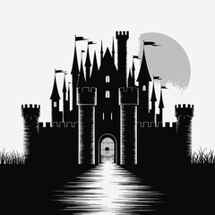 Majestic castle silhouette with moon and water reflection medieval black