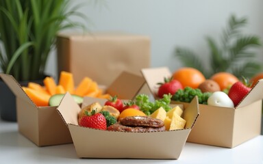 Modern sustainable food delivery with healthy lunch in plastic free  boxes from craft-paper. Eco-friendly lifestyle with biodegradable material. Front view. High quality