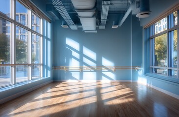 Empty Dance Studio with Light Blue Walls, Wooden Floor, and Barre by Large Windows Offering Natural Light