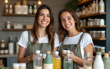 Two female customers are happy and enjoy shopping with natural organic products with recycled bottles at zero-waste and refill store, environment-friendly groceries, and sustainable lifestyles retail.