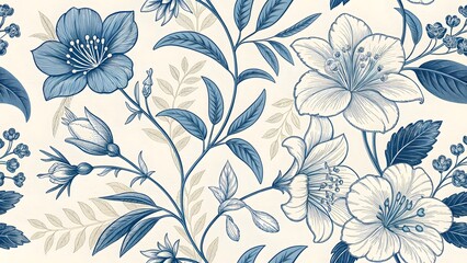 Elegant Floral Pattern with Blue Flowers and Leaves on a Cream Background Featuring Detailed Line Work and a Vintage Botanical Aesthetic for Wallpaper or Fabric