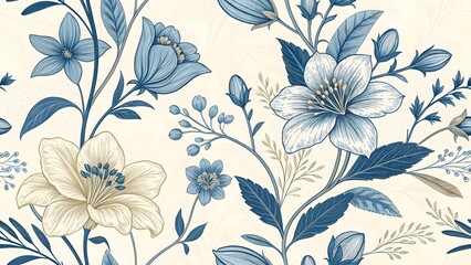 Elegant Floral Pattern with Blue and White Flowers Detailed Lines and Cream Background for Textile Wallpaper or Decorative Design Applications Seamless Repeat