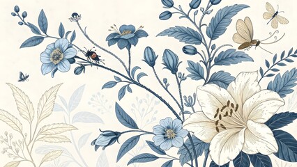 Vintage Floral Illustration with Blue and White Flowers Leaves Buds and a Small Insect on a Cream Background for Wallpaper or Fabric Design