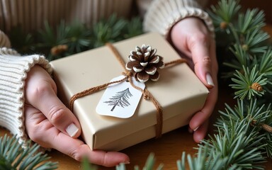 Hand crafted gifts with natural Christmas decorations. Label for text. High quality
