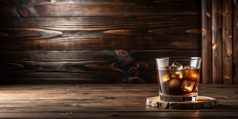 Aromatic amber beverage in a rocks glass, nestled on a rustic wooden coaster, set against a dark wood backdrop.