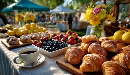 Festive Outdoor Event with Tables of French Croissants, Fruit Scones, Fresh Berries, and Coffee Under Canopy Stands