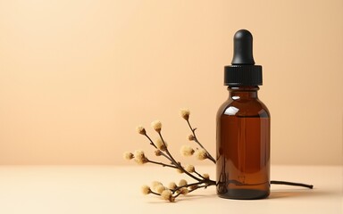 Bottle of dark amber glass with hyaluronic acid or face serum near dry branch on a beige background. Concept natural cosmetics with organic components. Copy space for your design. Front view.