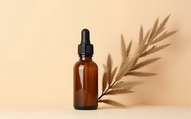 Bottle of dark amber glass with hyaluronic acid or face serum near dry branch on a beige background. Concept natural cosmetics with organic components. Copy space for your design. Front view.