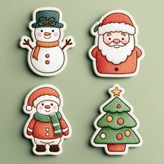 Festive cookies featuring a snowman, Santa Claus, a holiday tree, and a cheerful snowman set against a pastel background