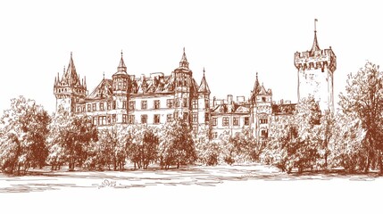 Obraz premium Detailed sketch of a castle with surrounding trees.