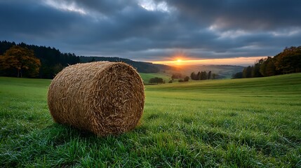 Golden sunrise illuminates rolling hills and a solitary hay bale in a dew kissed meadow